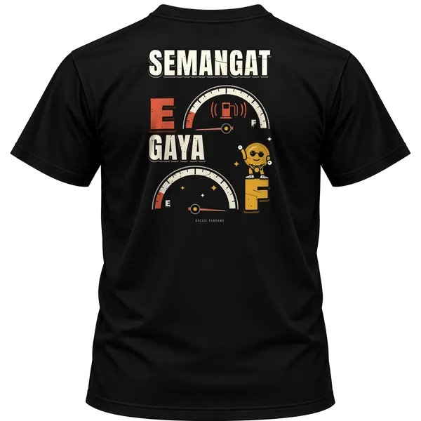 Mockup kaos hitam Kreasi Pandawa tampak belakang, sablon punggung: Semangat E, gaya F