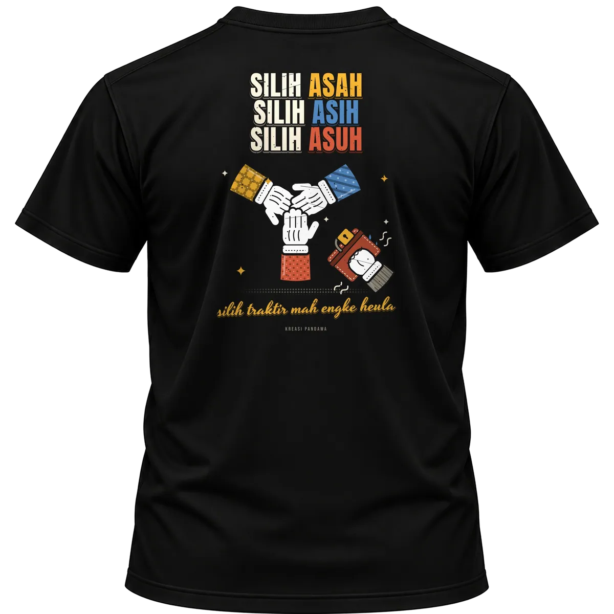Mockup kaos hitam Kreasi Pandawa tampak belakang, sablon punggung: Silih asah silih asih silih asuh, silih traktir mah engke heula