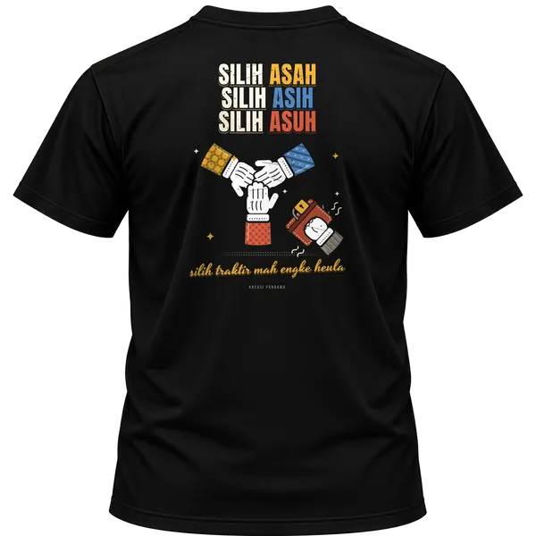 Mockup kaos hitam Kreasi Pandawa tampak belakang, sablon punggung: Silih asah silih asih silih asuh, silih traktir mah engke heula