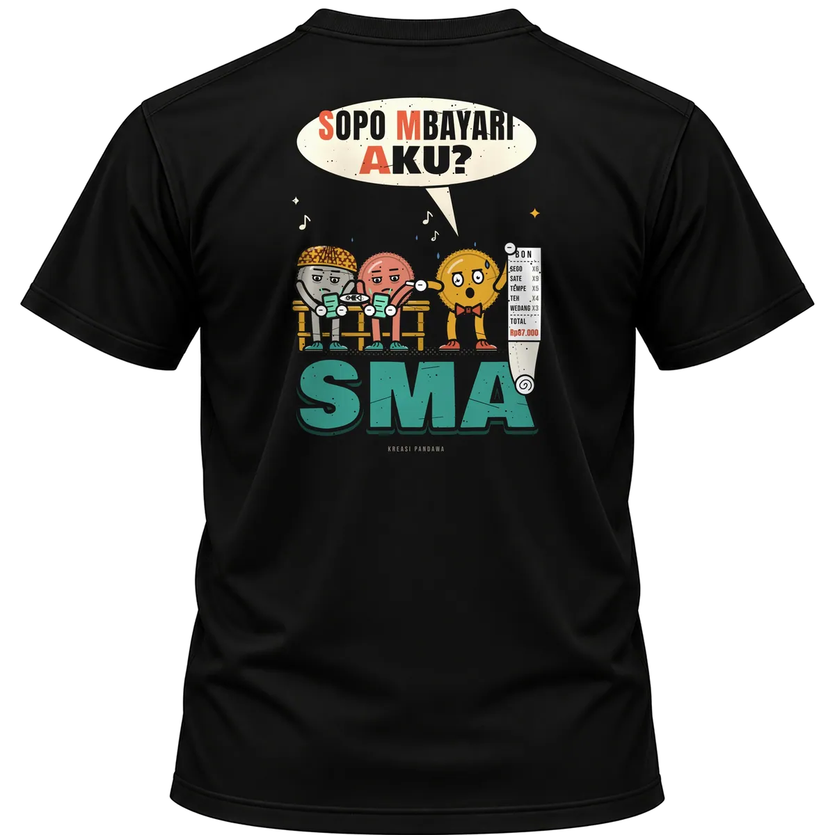 Mockup kaos hitam Kreasi Pandawa tampak belakang, sablon punggung: SMA: Sopo Mbayari Aku?