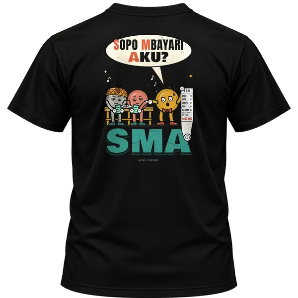Mockup kaos hitam Kreasi Pandawa tampak belakang, sablon punggung: SMA: Sopo Mbayari Aku?