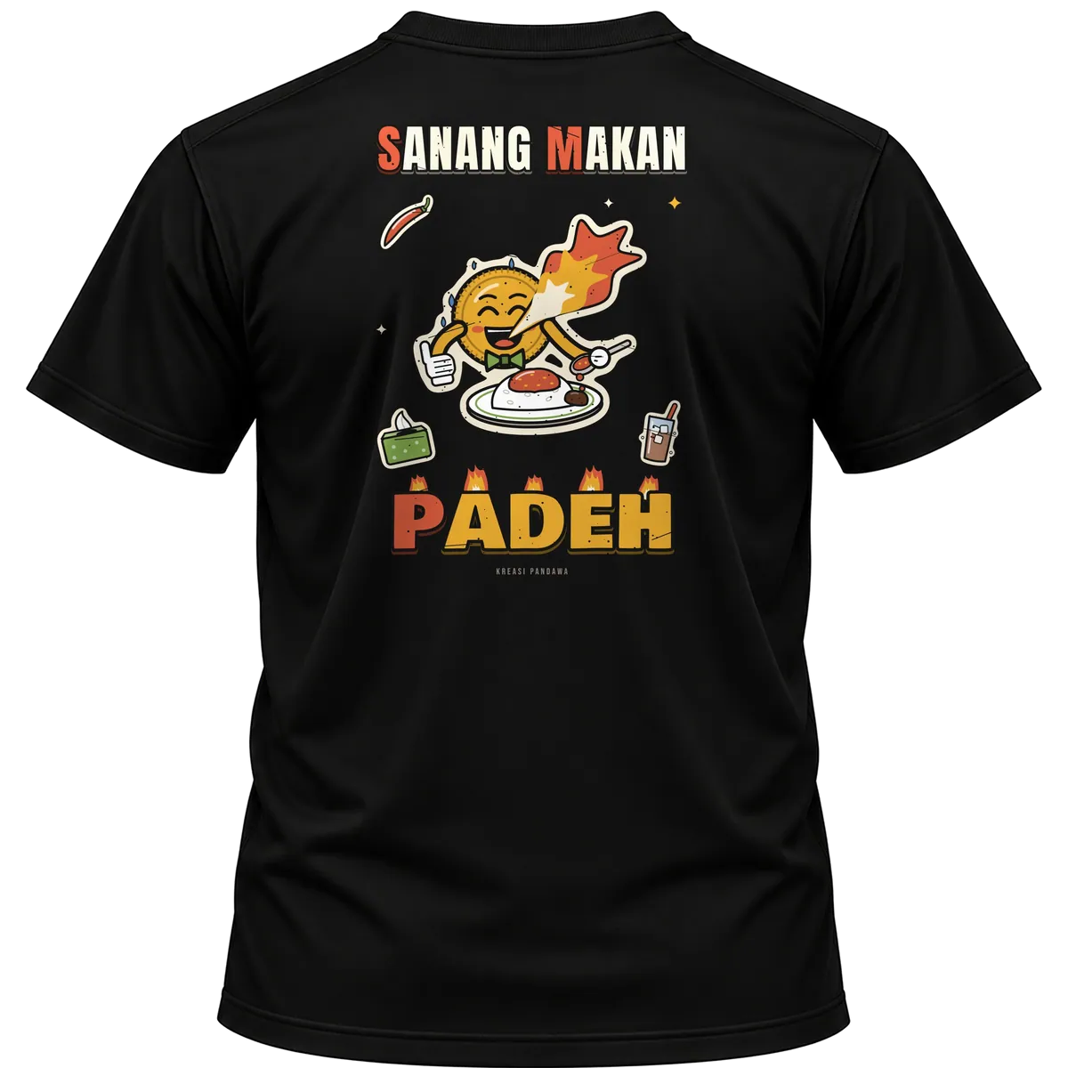 Mockup kaos hitam Kreasi Pandawa tampak belakang, sablon punggung: SMP: Sanang Makan Padeh