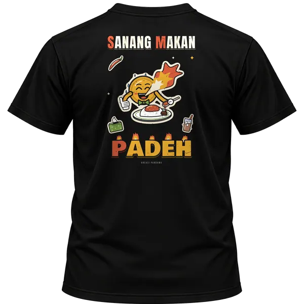 Mockup kaos hitam Kreasi Pandawa tampak belakang, sablon punggung: SMP: Sanang Makan Padeh