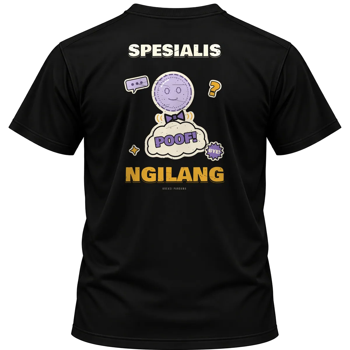 Mockup kaos hitam Kreasi Pandawa tampak belakang, sablon punggung: Spesialis ngilang