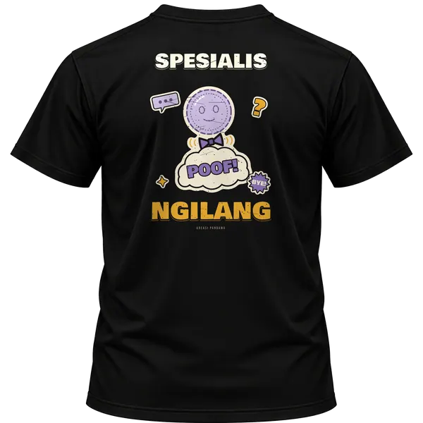 Mockup kaos hitam Kreasi Pandawa tampak belakang, sablon punggung: Spesialis ngilang