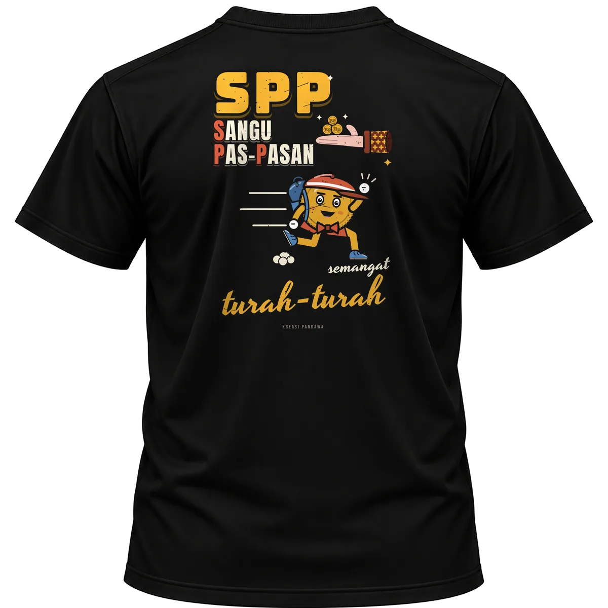 Mockup kaos hitam Kreasi Pandawa tampak belakang, sablon punggung: SPP: Sangu Pas-Pasan, semangat turah-turah