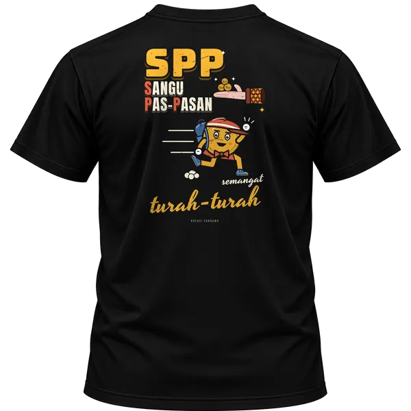 Mockup kaos hitam Kreasi Pandawa tampak belakang, sablon punggung: SPP: Sangu Pas-Pasan, semangat turah-turah