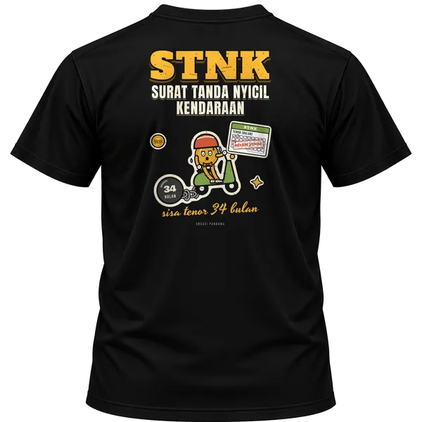 Mockup kaos hitam Kreasi Pandawa tampak belakang, sablon punggung: STNK: Surat Tanda Nyicil Kendaraan, sisa tenor 34 bulan