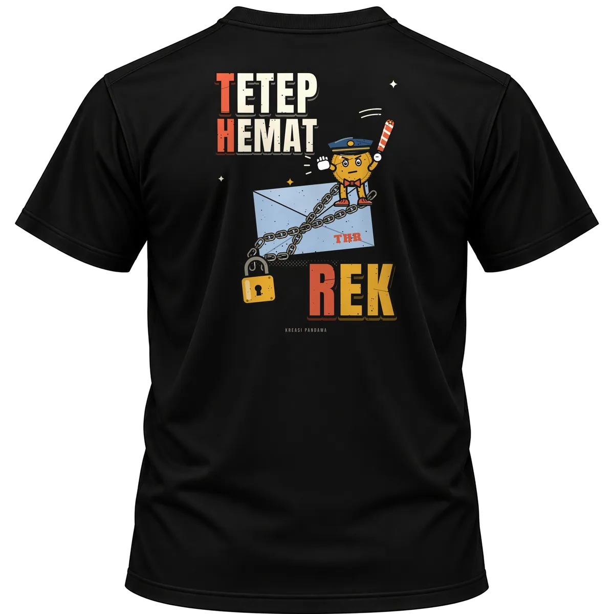 Mockup kaos hitam Kreasi Pandawa tampak belakang, sablon punggung: THR: Tetep Hemat Rek