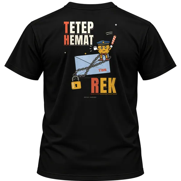 Mockup kaos hitam Kreasi Pandawa tampak belakang, sablon punggung: THR: Tetep Hemat Rek