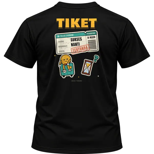 Mockup kaos hitam Kreasi Pandawa tampak belakang, sablon punggung: Tiket, tujuan: sukses, berangkat: nanti, status: tertunda