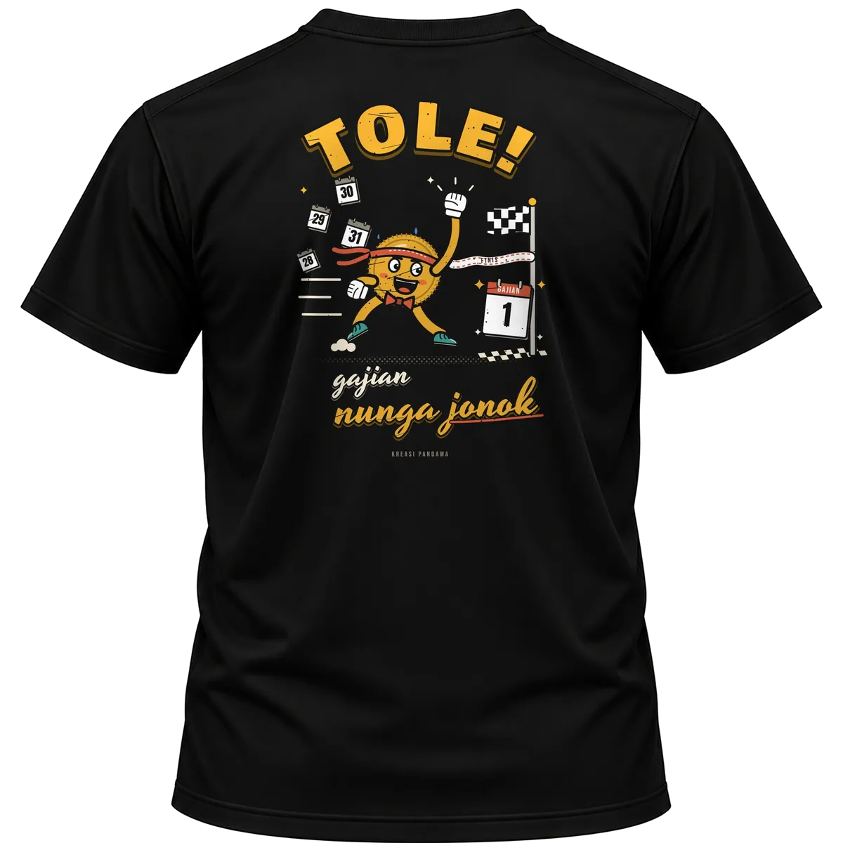 Mockup kaos hitam Kreasi Pandawa tampak belakang, sablon punggung: Tole! Gajian nunga jonok