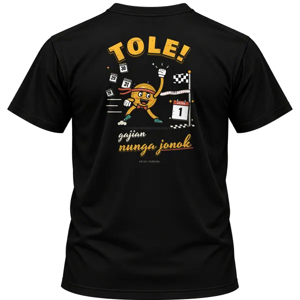 Mockup kaos hitam Kreasi Pandawa tampak belakang, sablon punggung: Tole! Gajian nunga jonok