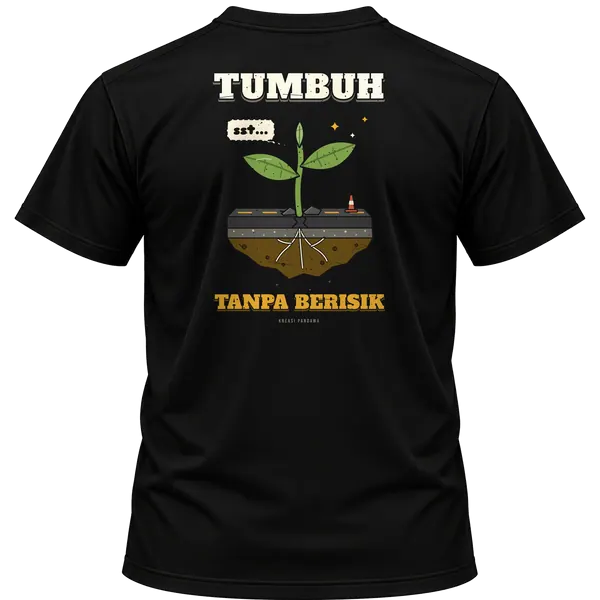 Mockup kaos hitam Kreasi Pandawa tampak belakang, sablon punggung: Tumbuh tanpa berisik