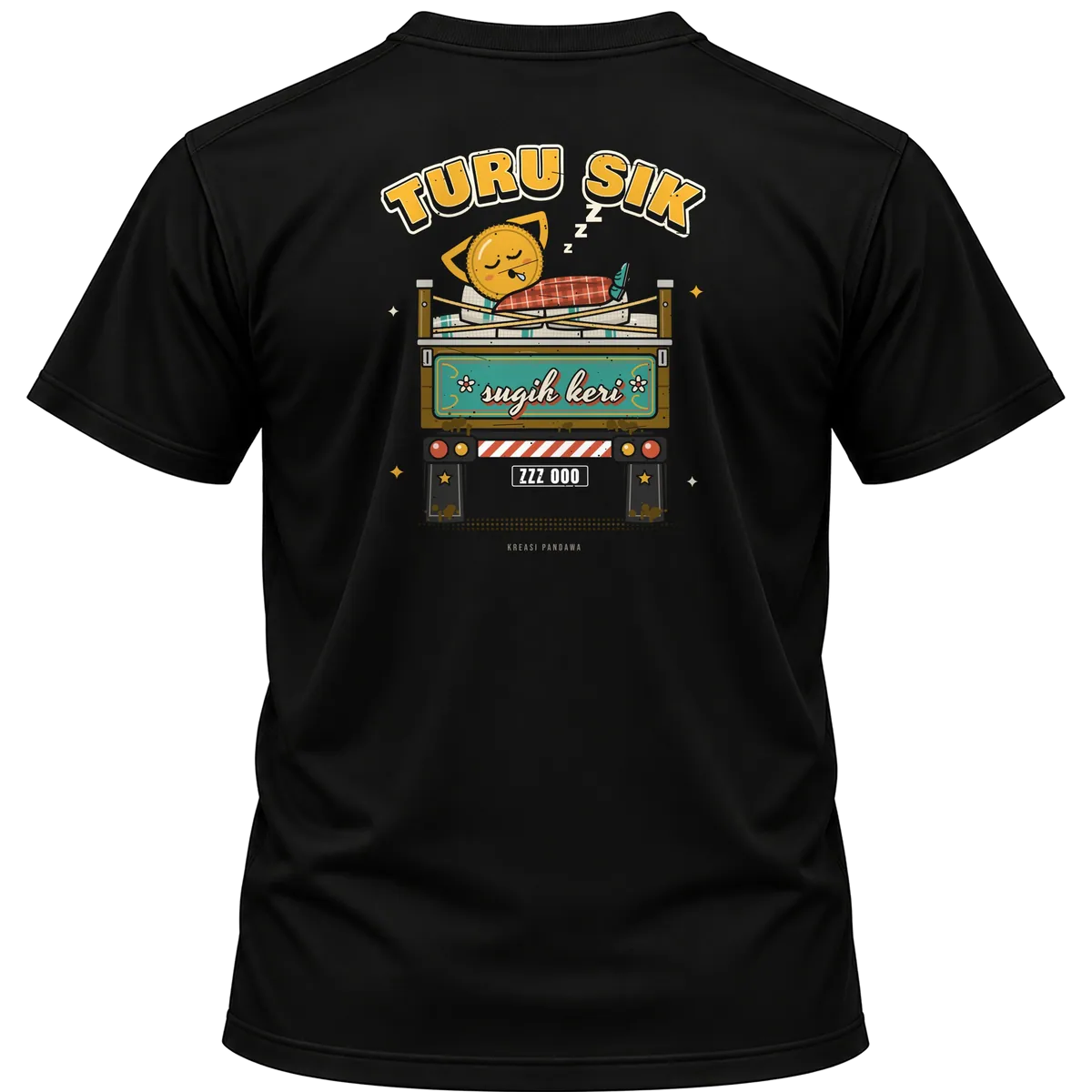 Mockup kaos hitam Kreasi Pandawa tampak belakang, sablon punggung: Turu sik, sugih keri