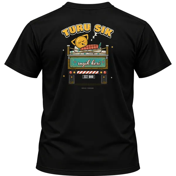 Mockup kaos hitam Kreasi Pandawa tampak belakang, sablon punggung: Turu sik, sugih keri