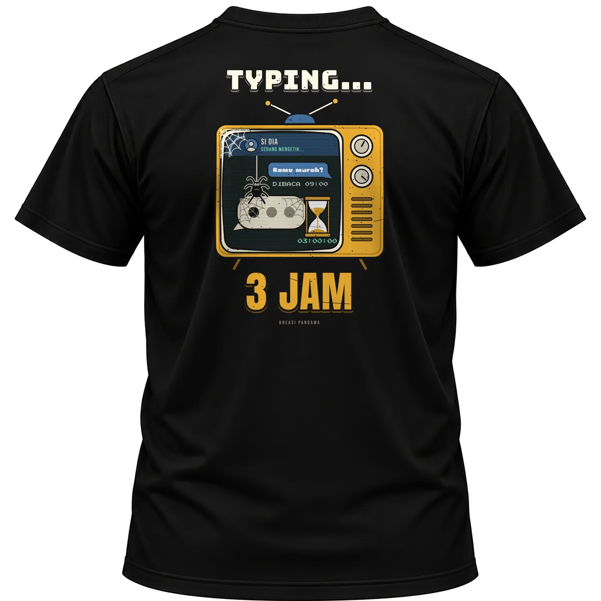 Mockup kaos hitam Kreasi Pandawa tampak belakang, sablon punggung: Typing... 3 jam