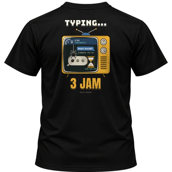 Mockup kaos hitam Kreasi Pandawa tampak belakang, sablon punggung: Typing... 3 jam
