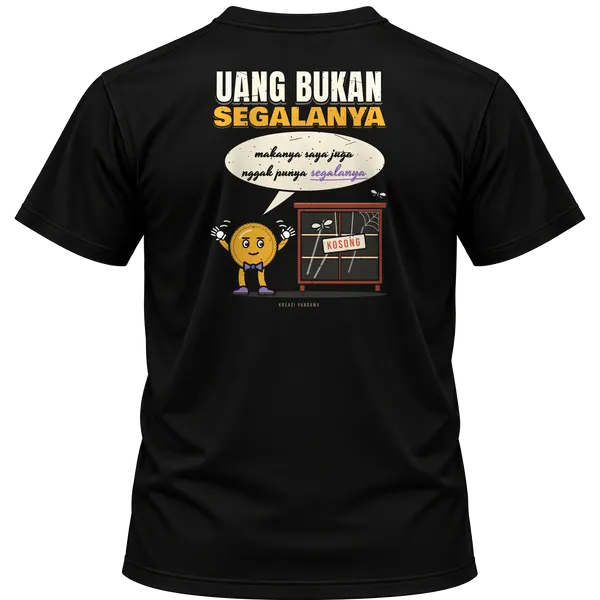 Mockup kaos hitam Kreasi Pandawa tampak belakang, sablon punggung: Uang bukan segalanya, makanya saya juga nggak punya segalanya