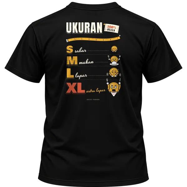 Mockup kaos hitam Kreasi Pandawa tampak belakang, sablon punggung: Ukuran, S sabar, M makan, L lapar, XL extra lapar
