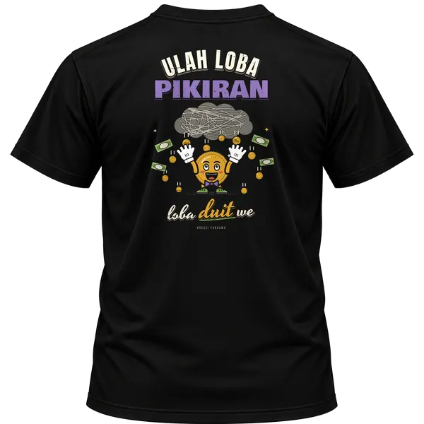 Mockup kaos hitam Kreasi Pandawa tampak belakang, sablon punggung: Ulah loba pikiran, loba duit we