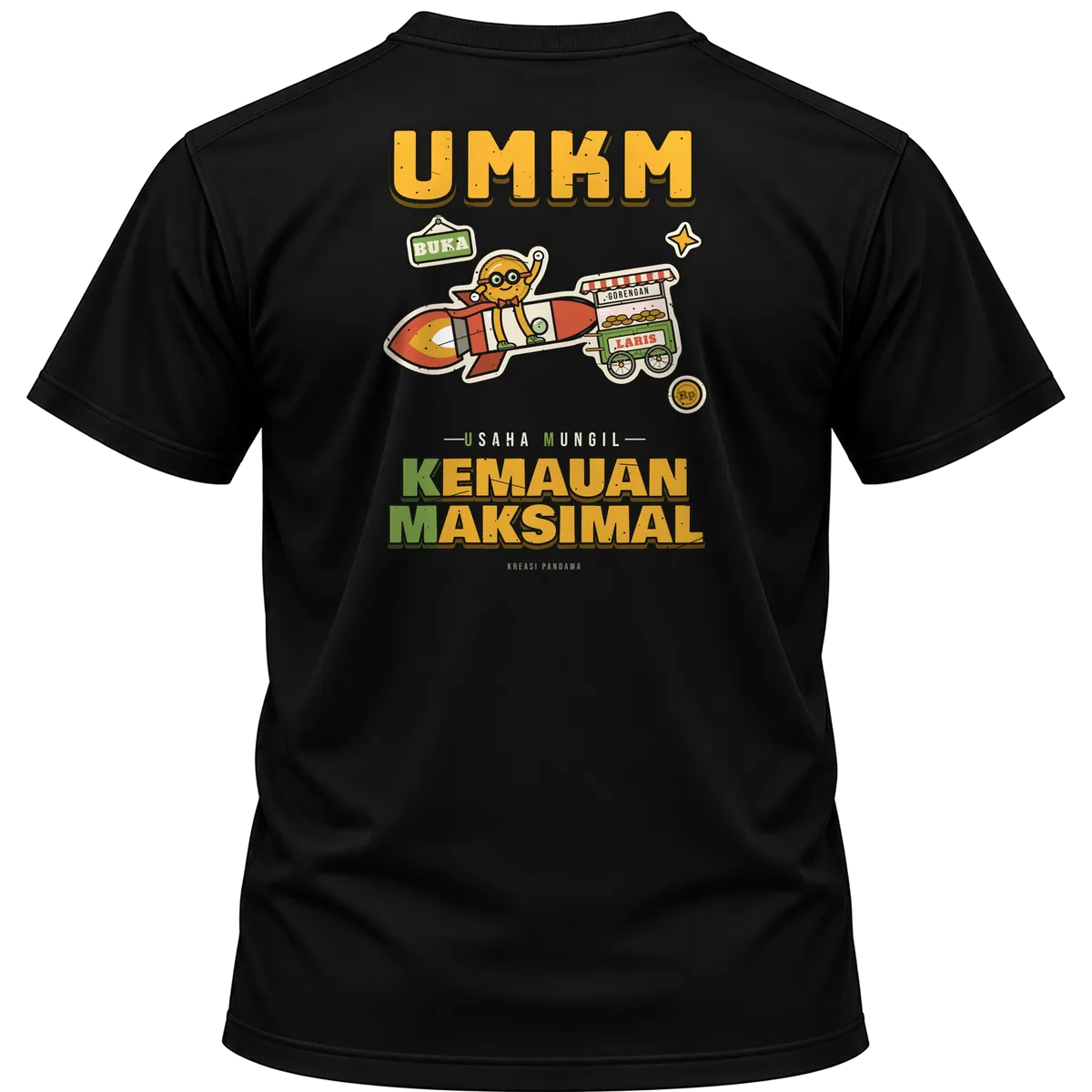 Mockup kaos hitam Kreasi Pandawa tampak belakang, sablon punggung: UMKM: Usaha Mungil Kemauan Maksimal