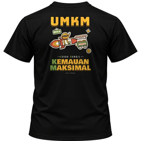 Mockup kaos hitam Kreasi Pandawa tampak belakang, sablon punggung: UMKM: Usaha Mungil Kemauan Maksimal