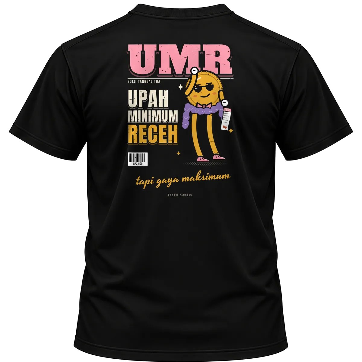 Mockup kaos hitam Kreasi Pandawa tampak belakang, sablon punggung: UMR: Upah Minimum Receh, tapi gaya maksimum