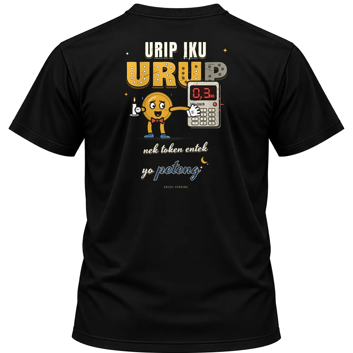 Mockup kaos hitam Kreasi Pandawa tampak belakang, sablon punggung: Urip iku urup, nek token entek yo peteng