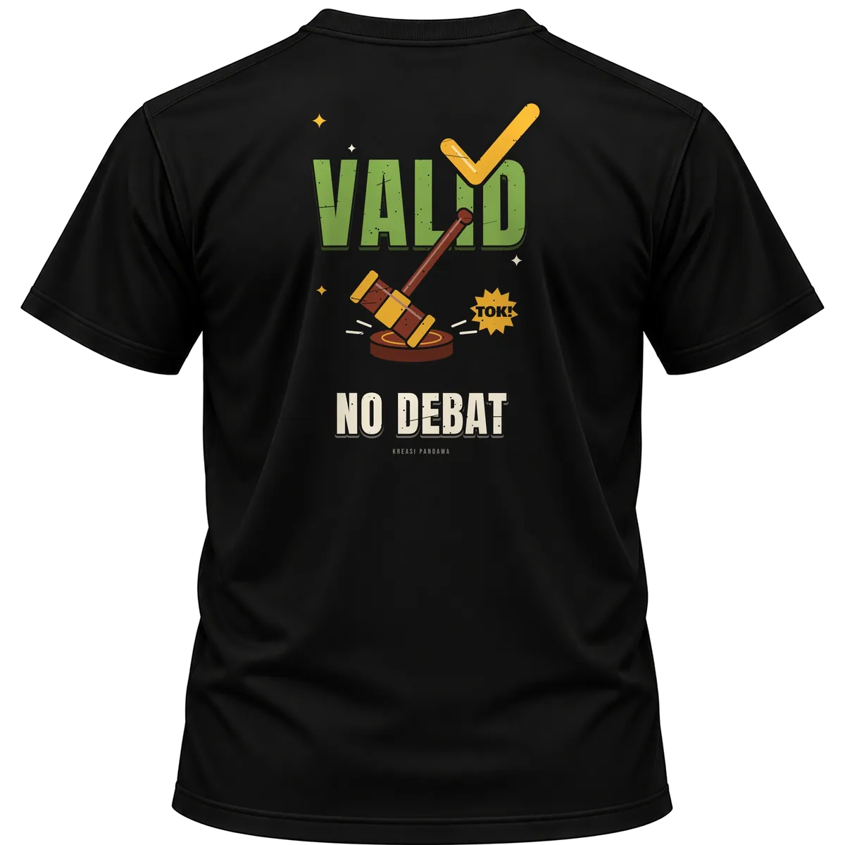 Mockup kaos hitam Kreasi Pandawa tampak belakang, sablon punggung: Valid, no debat