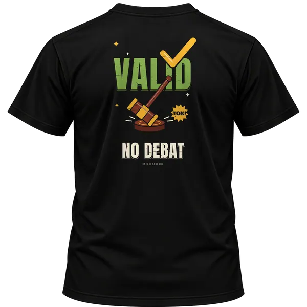 Mockup kaos hitam Kreasi Pandawa tampak belakang, sablon punggung: Valid, no debat