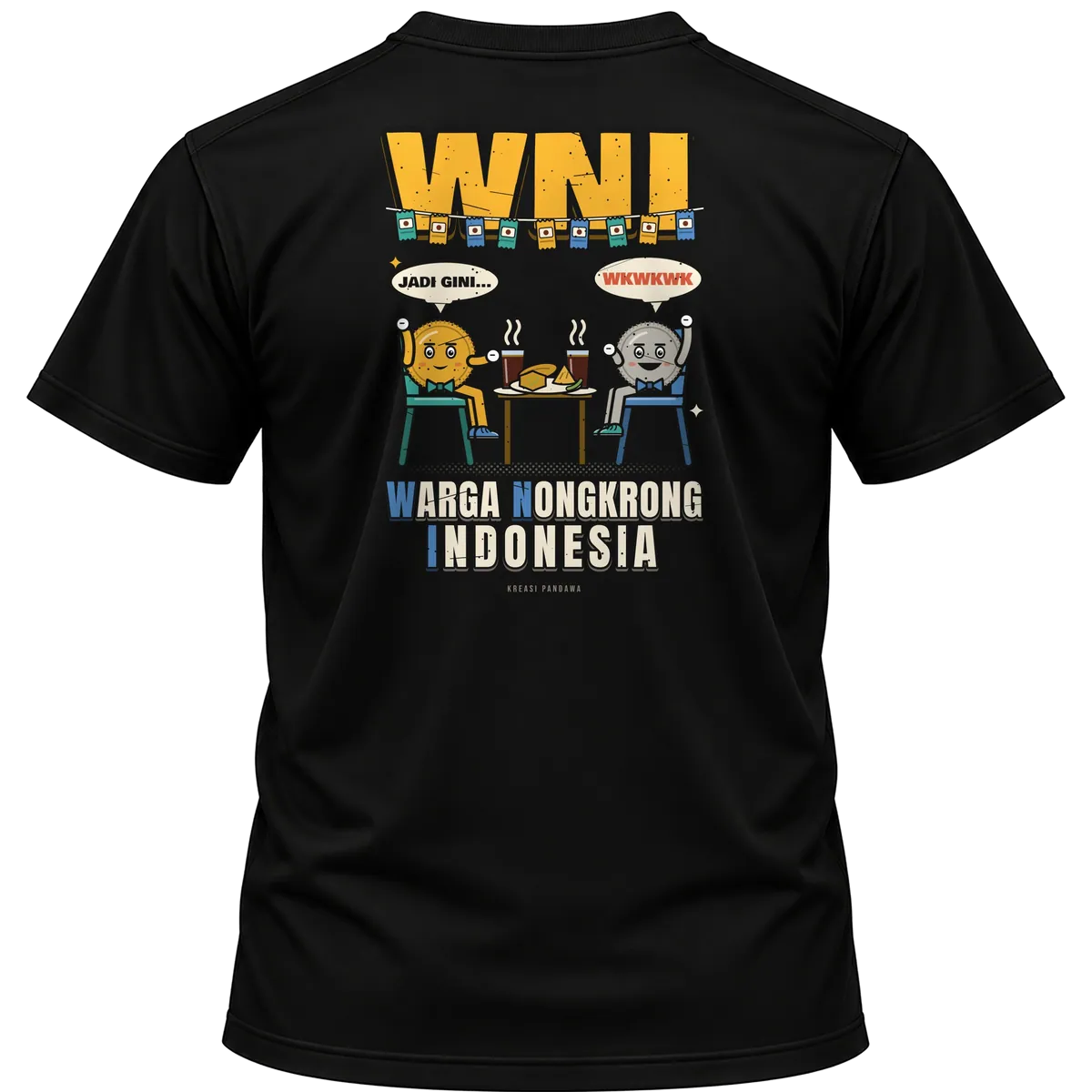 Mockup kaos hitam Kreasi Pandawa tampak belakang, sablon punggung: WNI: Warga Nongkrong Indonesia