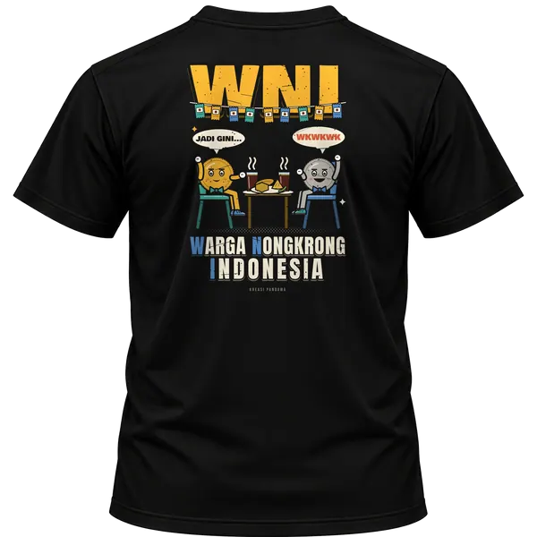 Mockup kaos hitam Kreasi Pandawa tampak belakang, sablon punggung: WNI: Warga Nongkrong Indonesia